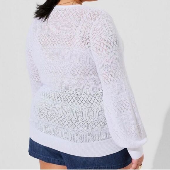 Torrid Pointelle White Tie Neck Lightweight Sweater Pullover - Picture 3 of 9